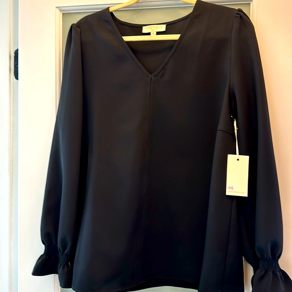 High end french designer Laroque crepe blousecwith smocked sleeve, XL: NWT
